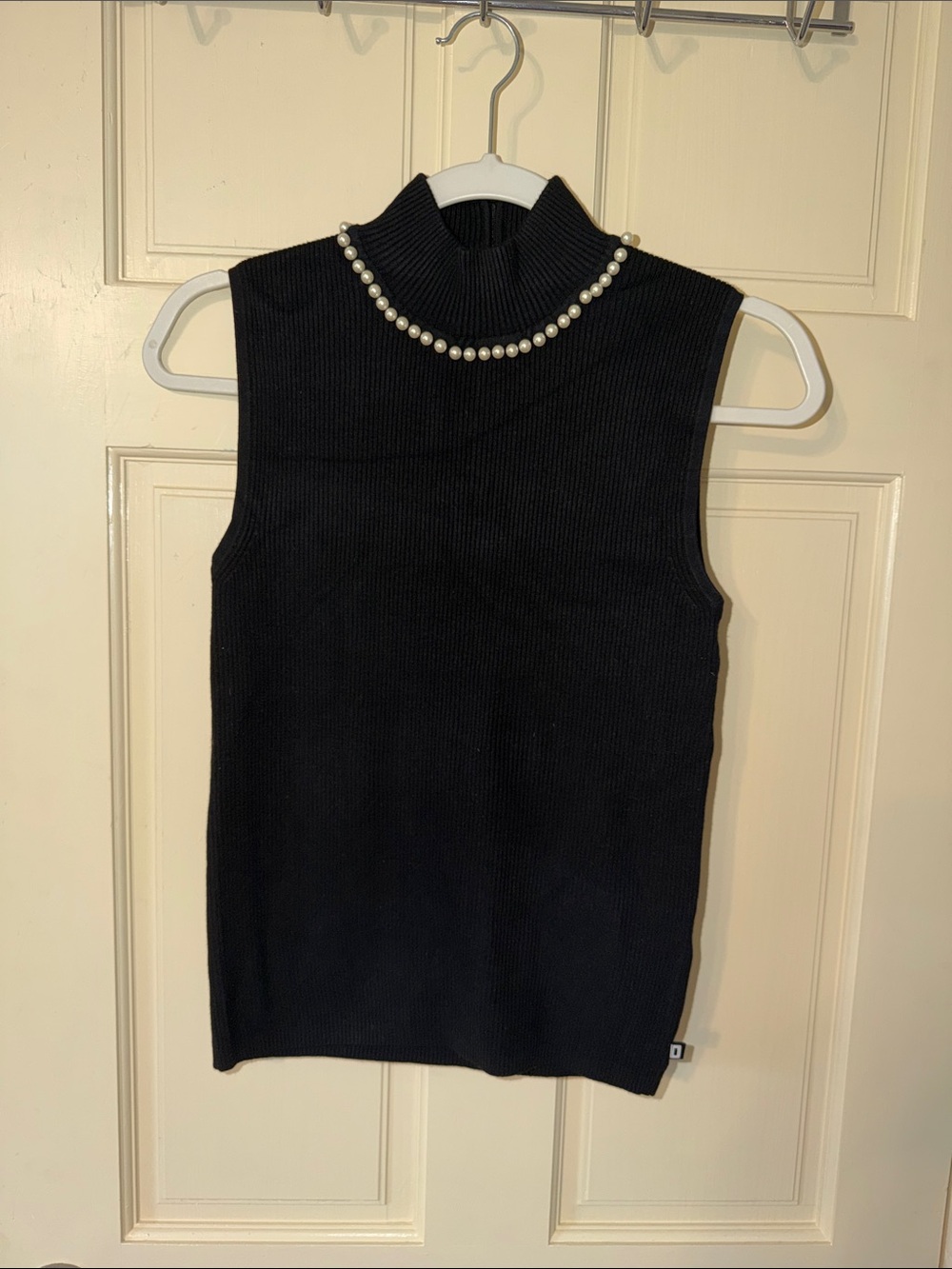 Karl Lagerfeld Black Sleeveless Mock Neck Tank with Pearl Trim